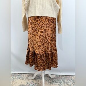 FORGOTTEN GRACE Brown Cheetah print ruffle hem midi skirt size L
